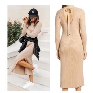 WAYF NEW Ribbed Knit Midi Dress Small Beige Brown Tie Back Bodycon NWT